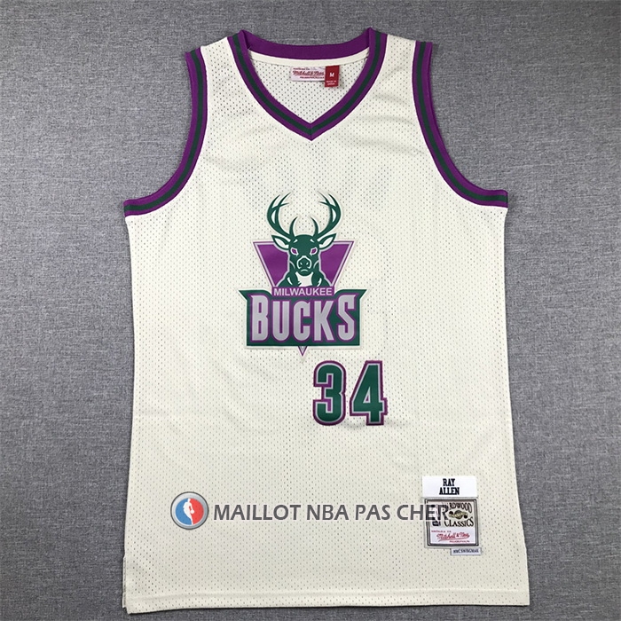 Maillot Milwaukee Bucks Ray Allen NO 34 Mitchell & Ness Chainstitch Creme